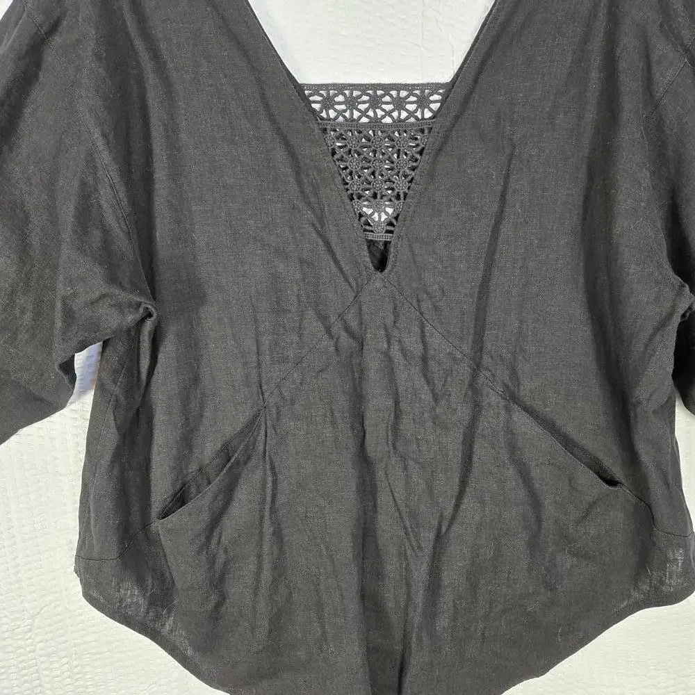 Free People Oversized Women's Sm Linen Blend V-Neck Long Sleeve Top Boho Hippie - Picture 3 of 6